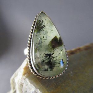 Moss Agate Teardrop Ring, Sterling Silver Pear Cabochon